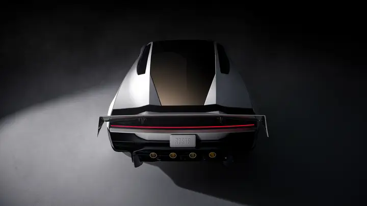 Roadster from behind in a dark studio with its rear wing raised