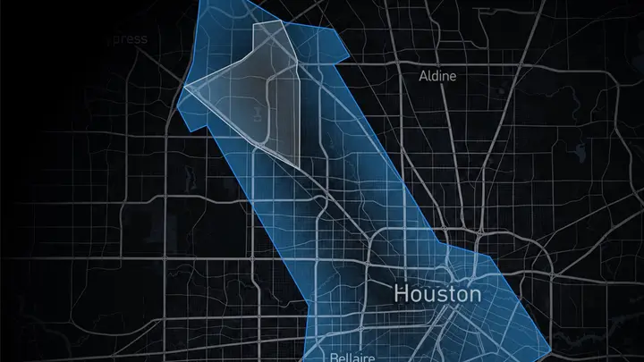 Tesla's map of Houston, TX showing the old and the new, bigger Robotaxi geofence