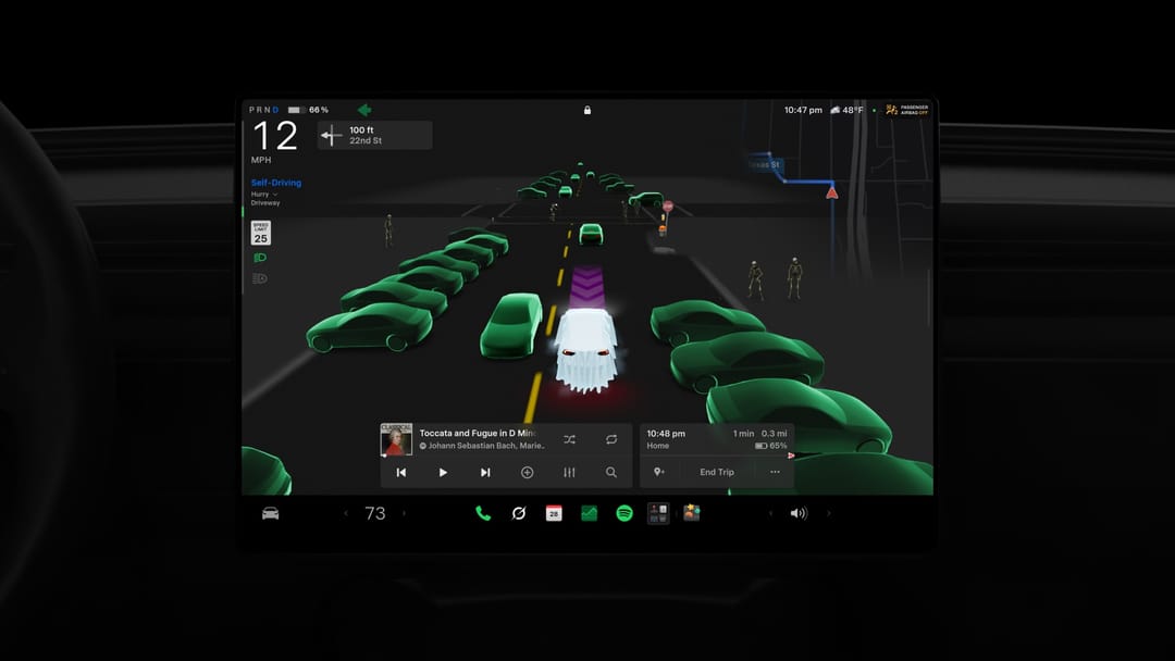 Tesla touchscreen in Halloween Mode: the car's avatar wears a ghost costume while surrounding traffic glows toxic green