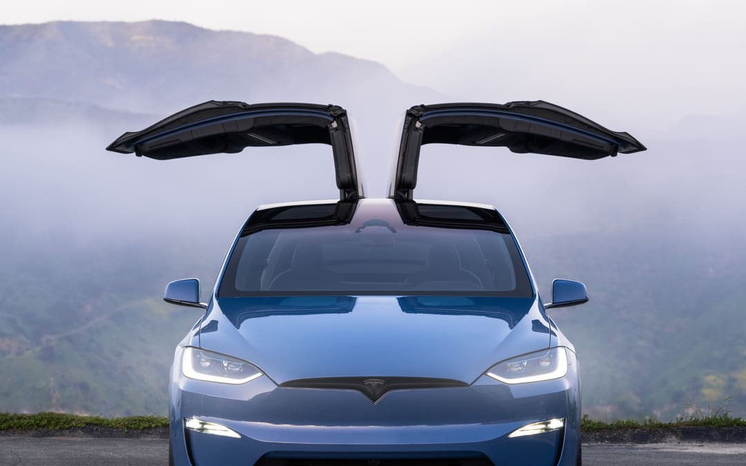 Frost Blue Model X with both Falcon Wing doors fully open