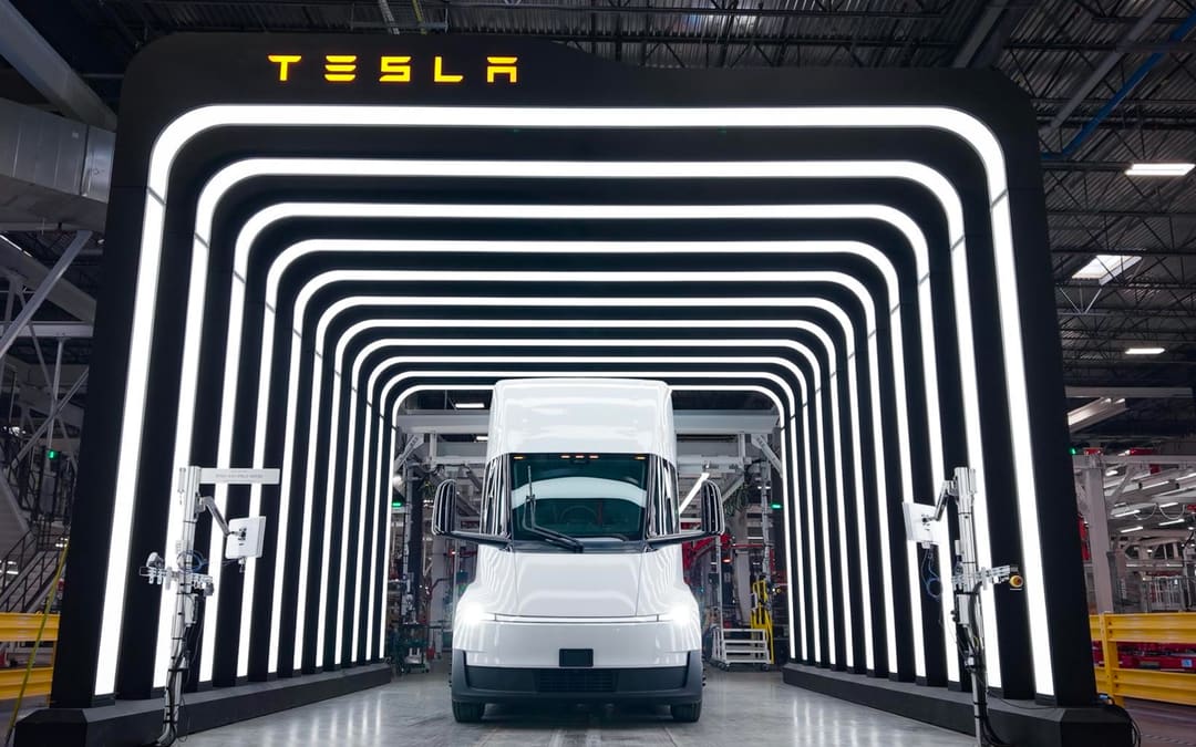 A Tesla Semi at the end of the line in a lit tunnel at Tesla’s Semi factory (Q2 2026 update)