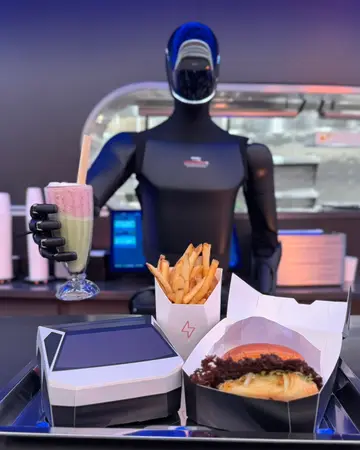 Optimus behind a counter holding a drink, with a tray of burgers and fries in front