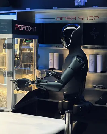 Optimus behind a counter working a popcorn machine under a Diner Shop sign