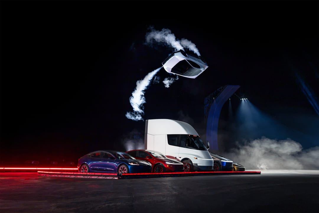 Tesla Roadster. Night demo: inverted over Model 3/Y, Semi, Cybertruck, Cybercab
