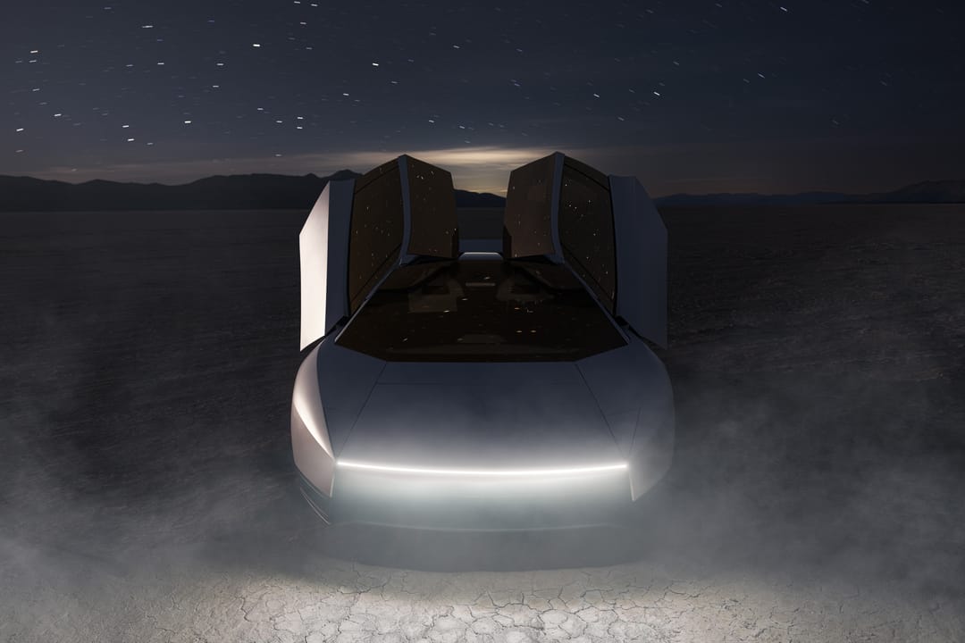 Tesla Roadster. Desert night, front view, doors up