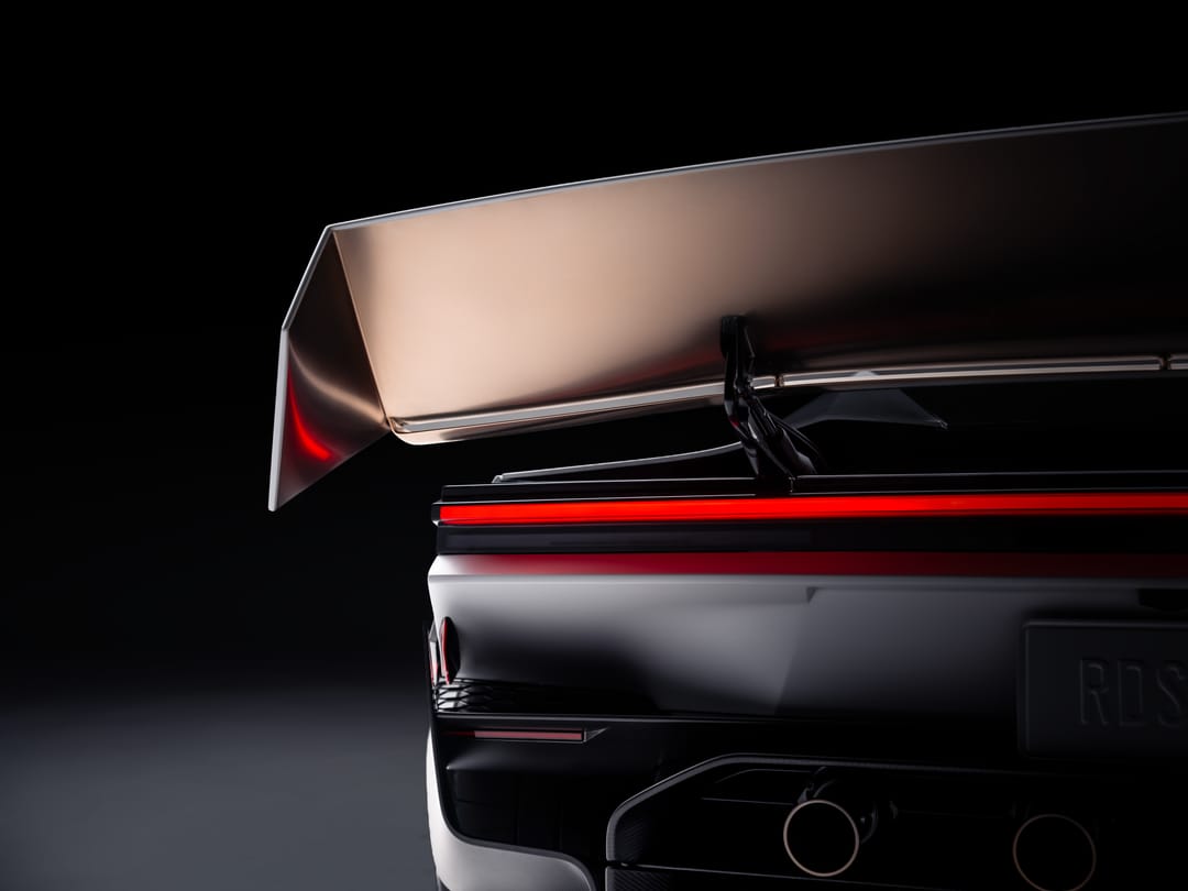 Close-up of the Roadster's raised rear wing